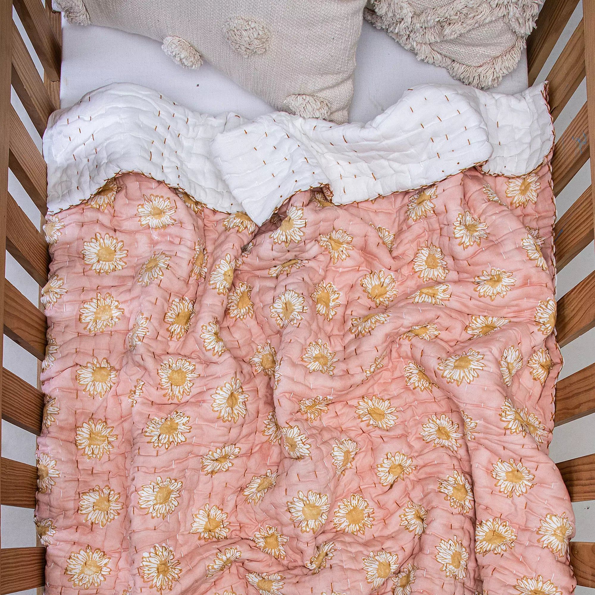 Softest Sun Flower Hand Block Printed Cotton Baby Quilt Blankets 090